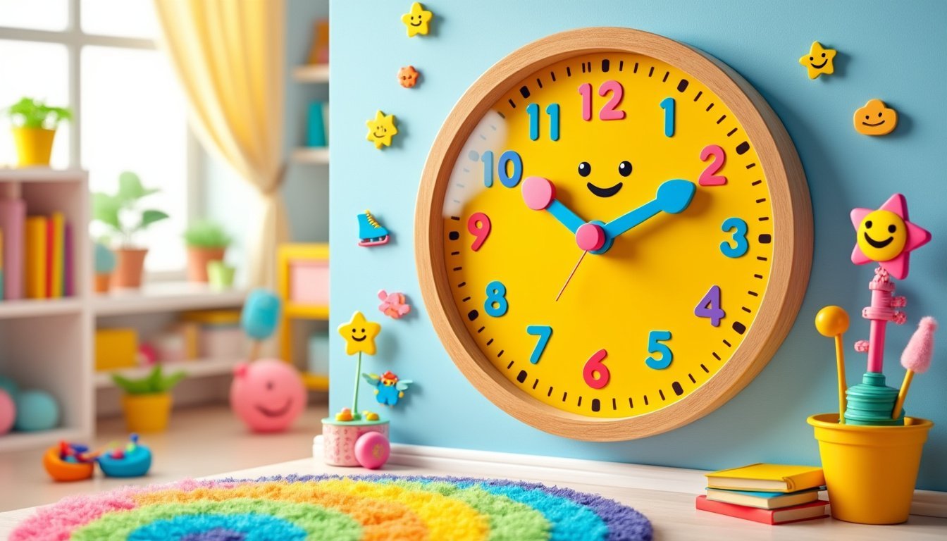 découvrez notre horloge murale pour enfants, un outil ludique et éducatif qui les aide à apprendre à lire l'heure de manière amusante. conçue pour stimuler leur curiosité, cette horloge colorée rend l'apprentissage interactif et agréable.