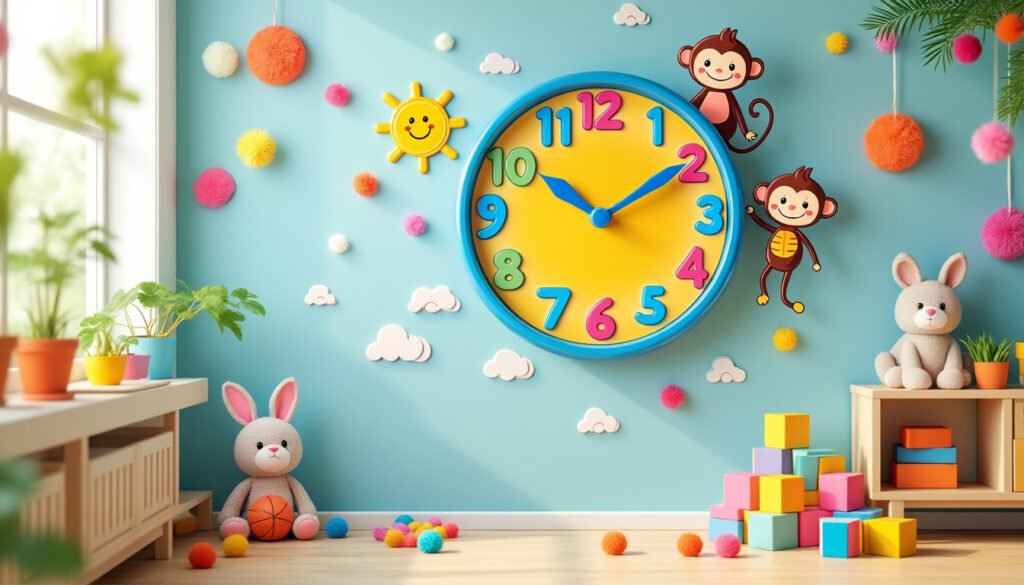 découvrez notre horloge murale pour enfants, un accessoire pédagogique amusant qui aide les petits à apprendre à lire l'heure tout en décorant leur chambre. un outil ludique et coloré qui rend l'apprentissage de la notion du temps simple et agréable.