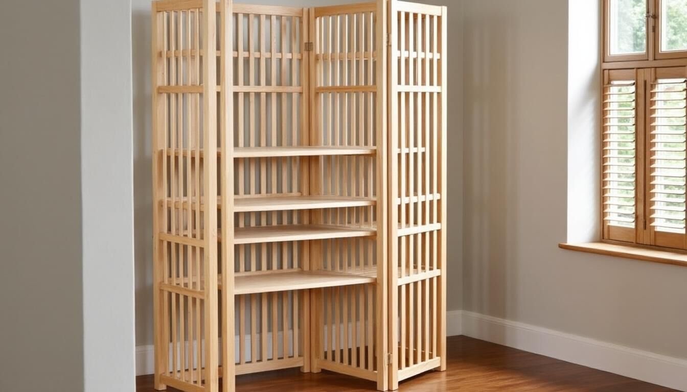 un claustra en chêne clair, équipé de petites étagères pour optimiser le rangement.