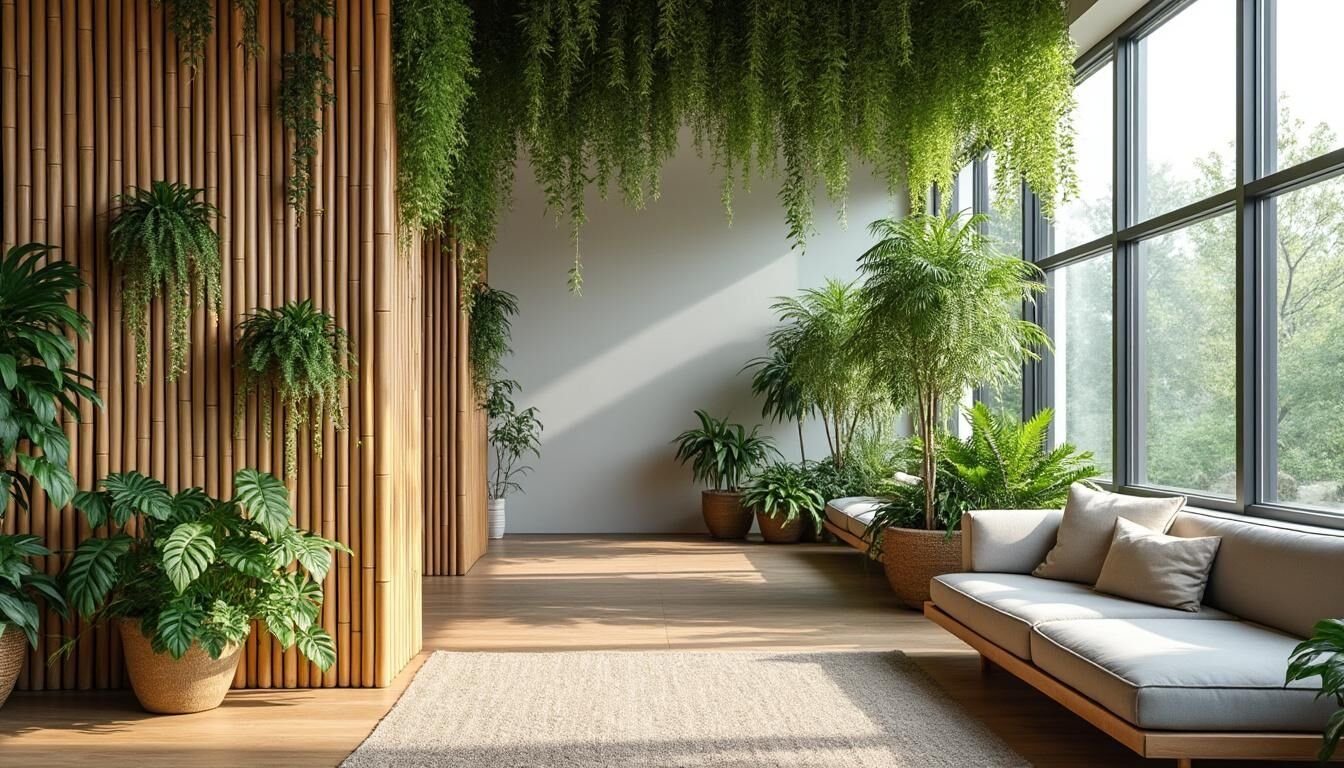 🌿 Claustra végétalisé pour un coin lecture dans une grande pièce : structure en bambou avec plantes suspendues, instaurant une ambiance naturelle et chaleureuse.