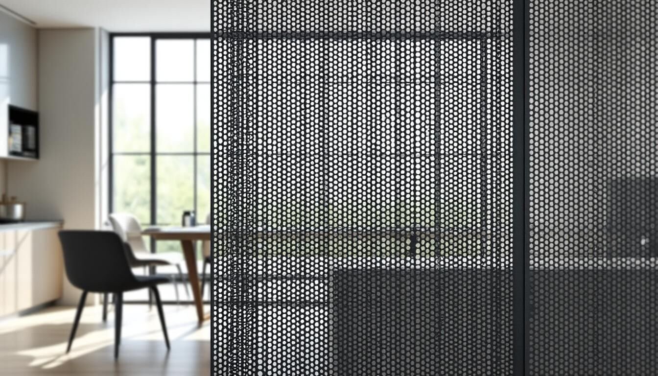 ✨ Claustra en métal perforé pour délimiter modernité et légèreté dans une cuisine ouverte tout en laissant passer la lumière.