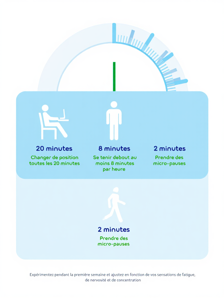 La règle dite 20/8-2 consiste à fractionner l’heure de travail ainsi : 20 min en position assise, 8 min debout et 2 min d’activité (étirements ou marche légère). Cette méthode, popularisée par plusieurs ergonomes en Europe, prouve qu’une variation régulière améliore la posture, soulage les jambes et active la musculature profonde.