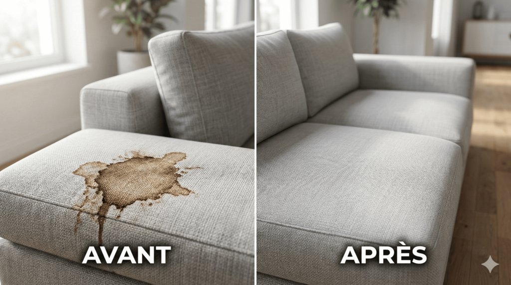 Avant - Apres, illustration de l'efficacité du bicarbonate de soude sur un canapé