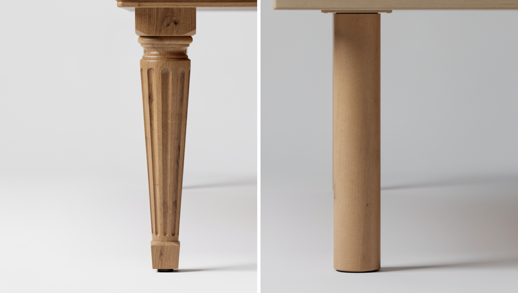 comparaison pied bois tourné style Louis XVI et style moderne
