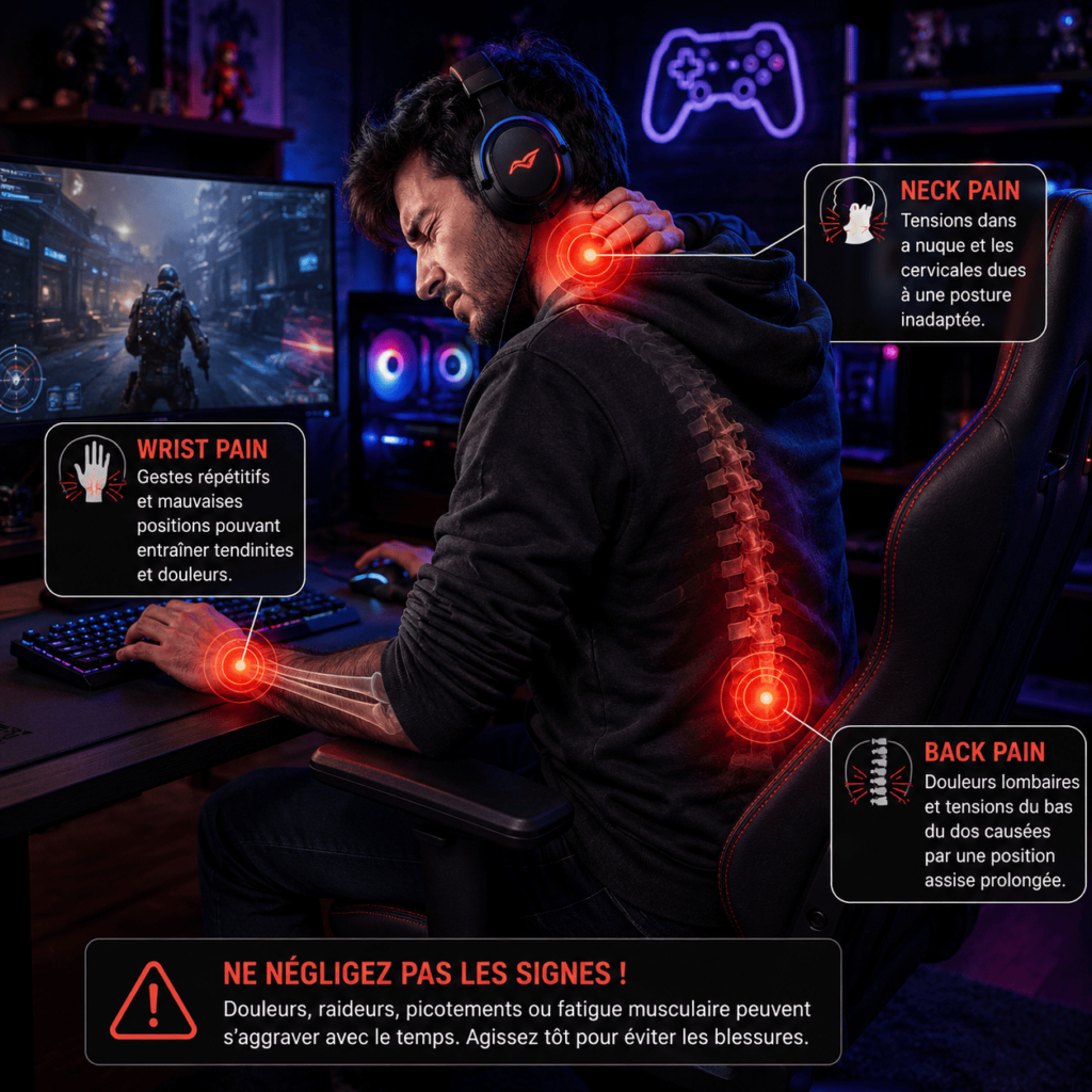 Douleurs fréquentes chez les joueurs gaming au niveau du dos, des poignets et des cervicales