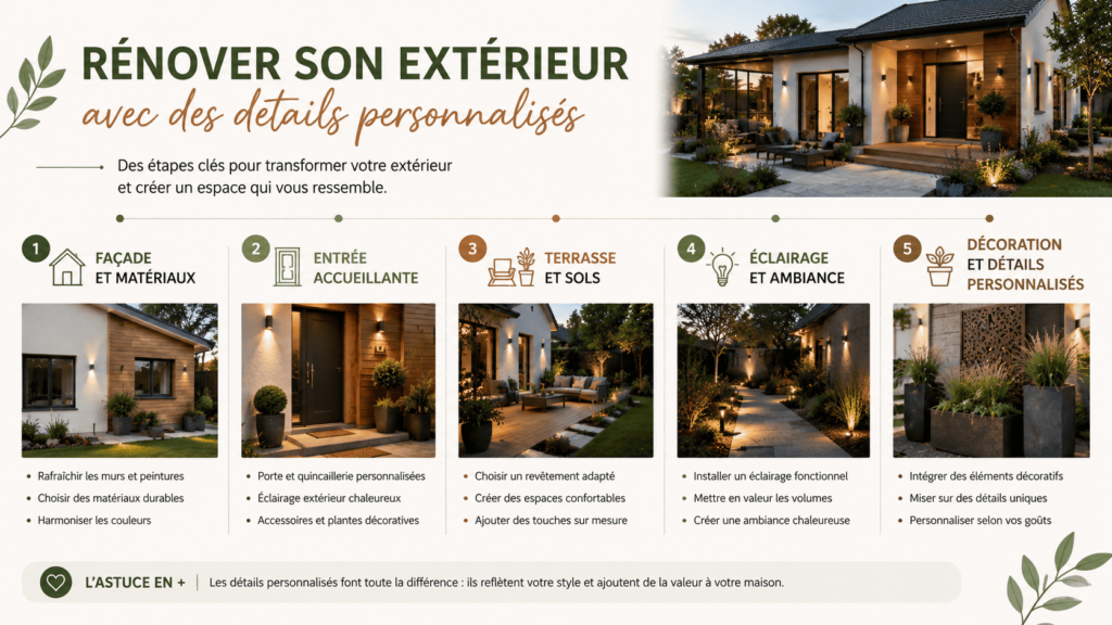 Infographie des étapes pour rénover son extérieur avec des détails personnalisés.