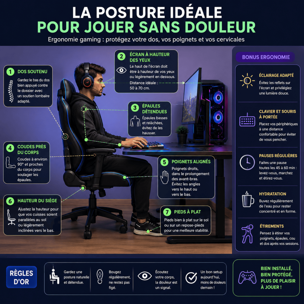 Infographie montrant la posture idéale et les réglages ergonomiques pour le gaming