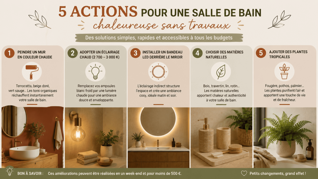 Infographie montrant cinq solutions pour réchauffer une salle de bain sans travaux.