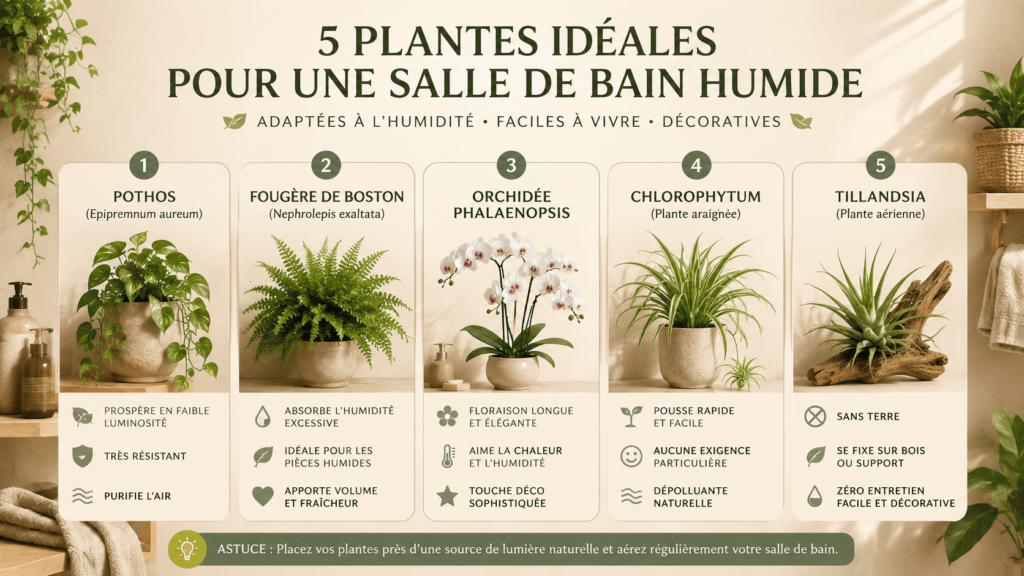 5 plantes idéales pour votre salle de bain - infographie