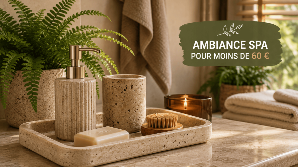 Plateau en travertin et plante tropicale dans une salle de bain chaleureuse.