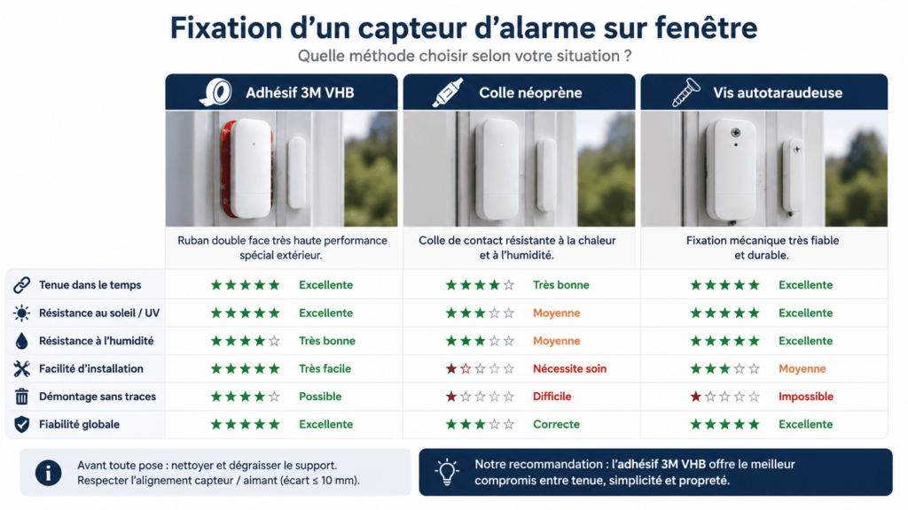 Infographie comparant les méthodes de fixation d’un capteur d’alarme