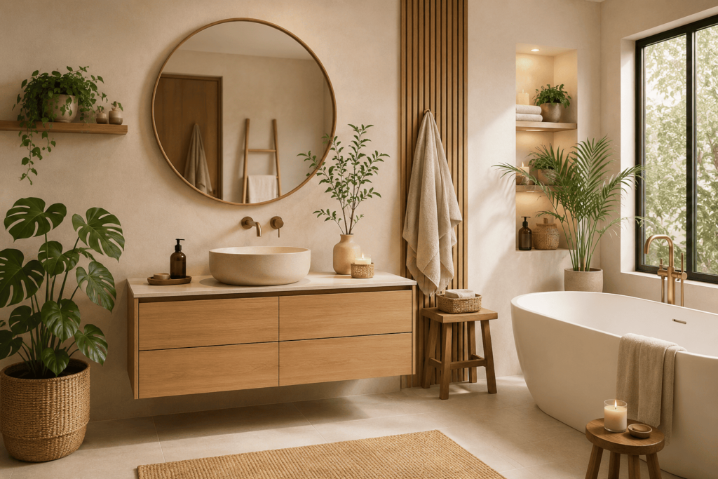 Salle de bain japandi avec meuble suspendu en bois clair et plantes naturelles