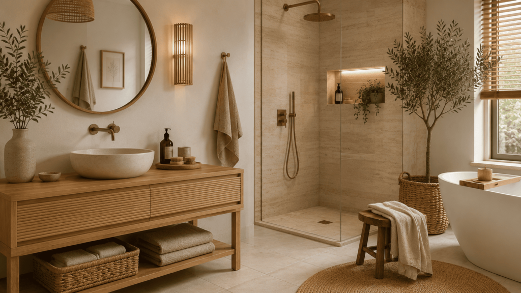 Salle de bain Japandi avec bois clair, rotin et textiles naturels.