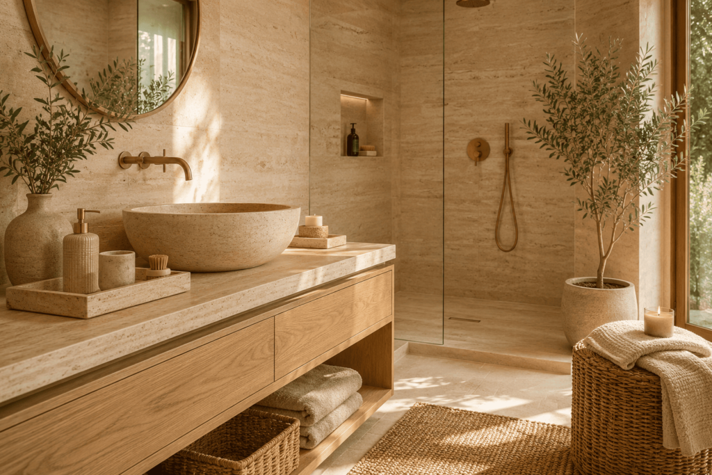 Salle de bain spa avec travertin beige et meuble en bois naturel