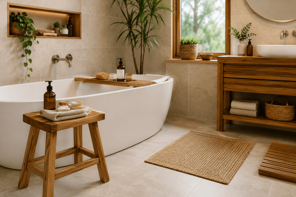 Salle de bain zen moderne et lumineuse avec usage de bois