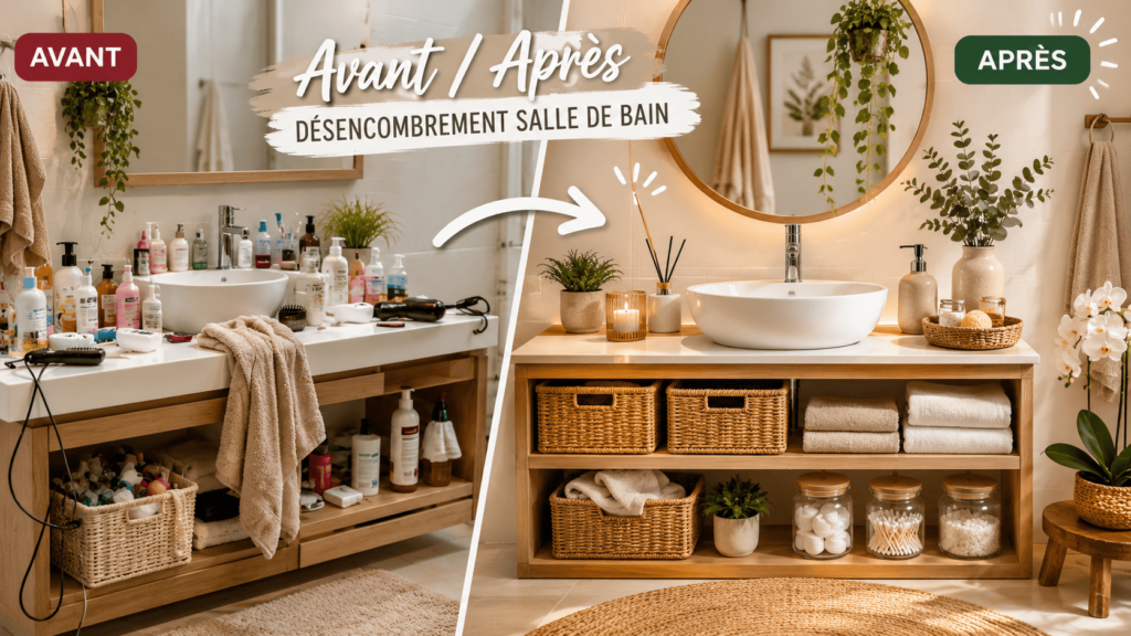 Transformation d'une salle de bain grâce au rangement et au désencombrement