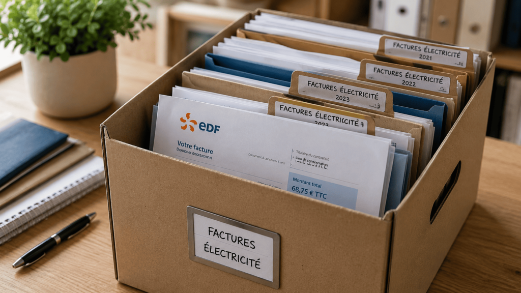 Boîte d'archives contenant des factures d'électricité