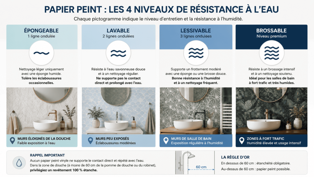 infographie , 4 niveaux de résistance a l'eau des papier peint 
