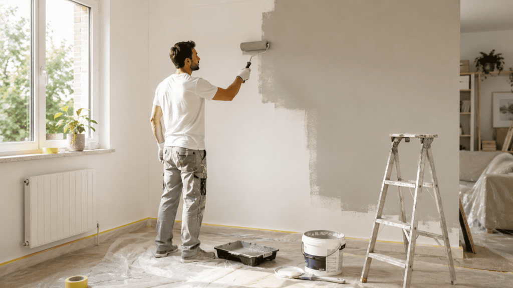 Peinture en cours dans une pièce lumineuse 