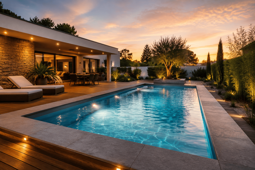 Piscine moderne au coucher du soleil 