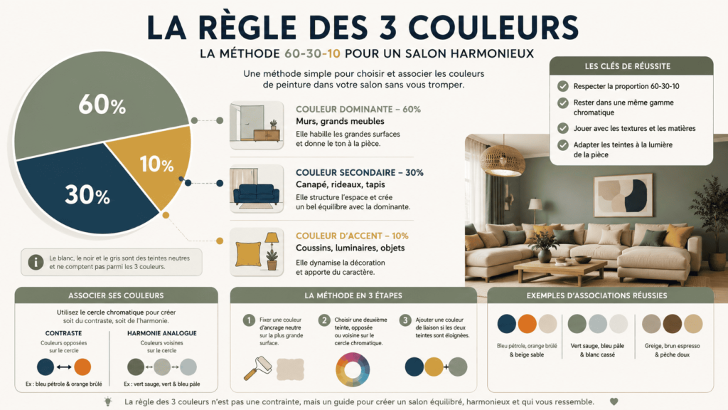 Infographie expliquant la règle des 60-30-10 pour peindre un salon.