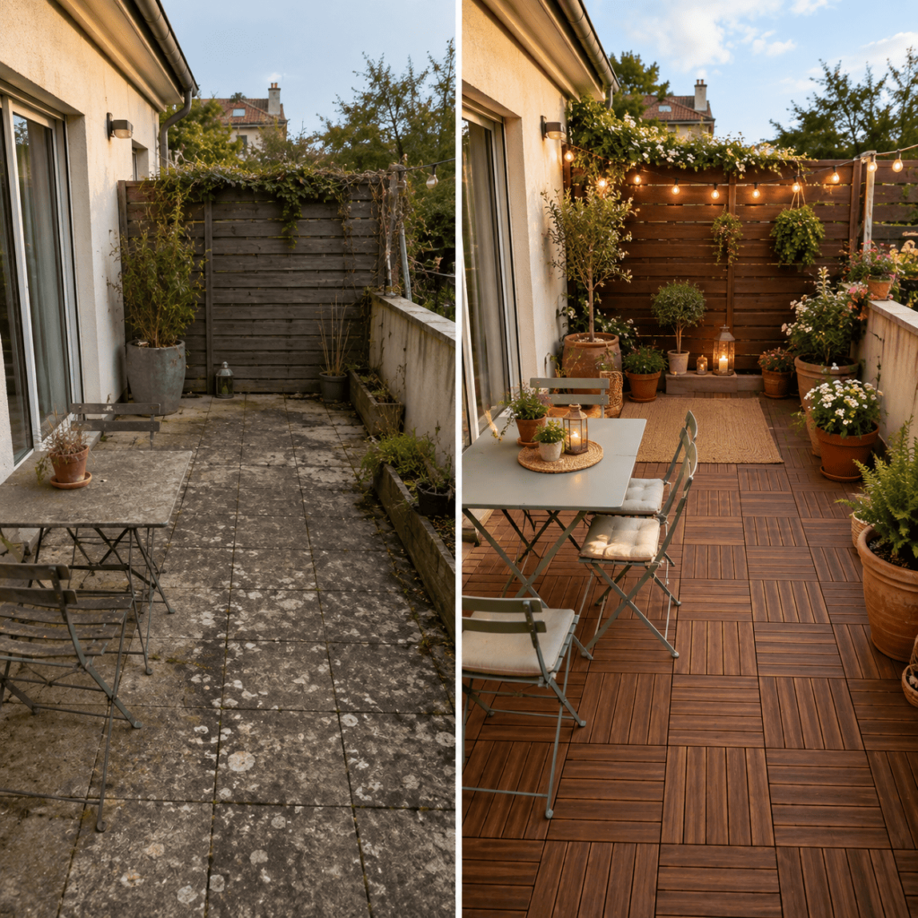 Avant et après : une terrasse fatiguée peut changer radicalement d'allure sans démolir le revêtement existant.