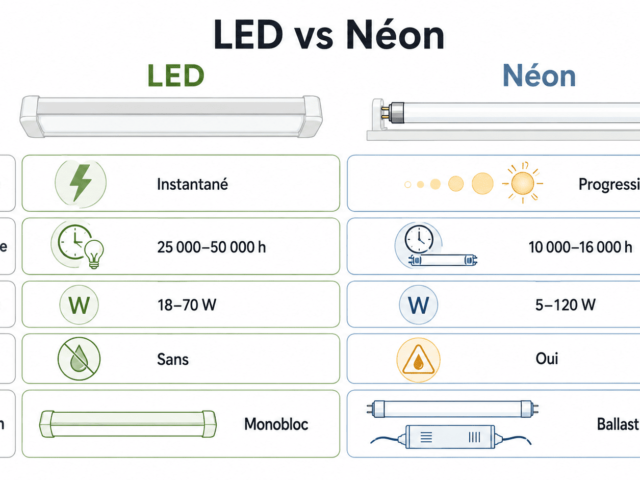Réglette LED vs néon traditionnel : consommation, durée de vie et coût réel.