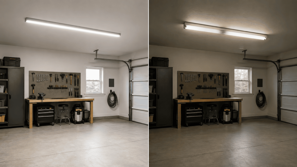 LED moderne contre fluorescent dans le garage