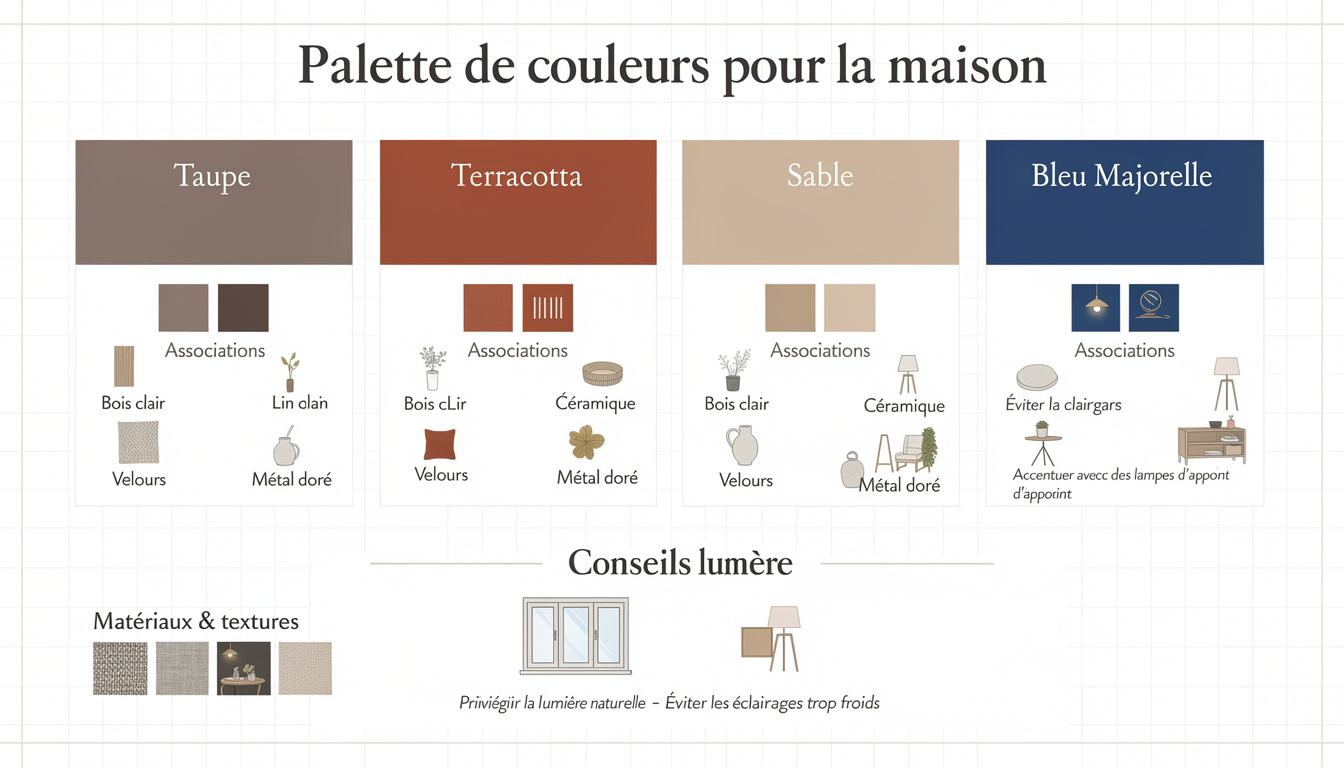 découvrez les couleurs tendance pour une décoration intérieure moderne : taupe, terracotta, sable et bleu majorelle, pour un intérieur chaleureux et élégant.