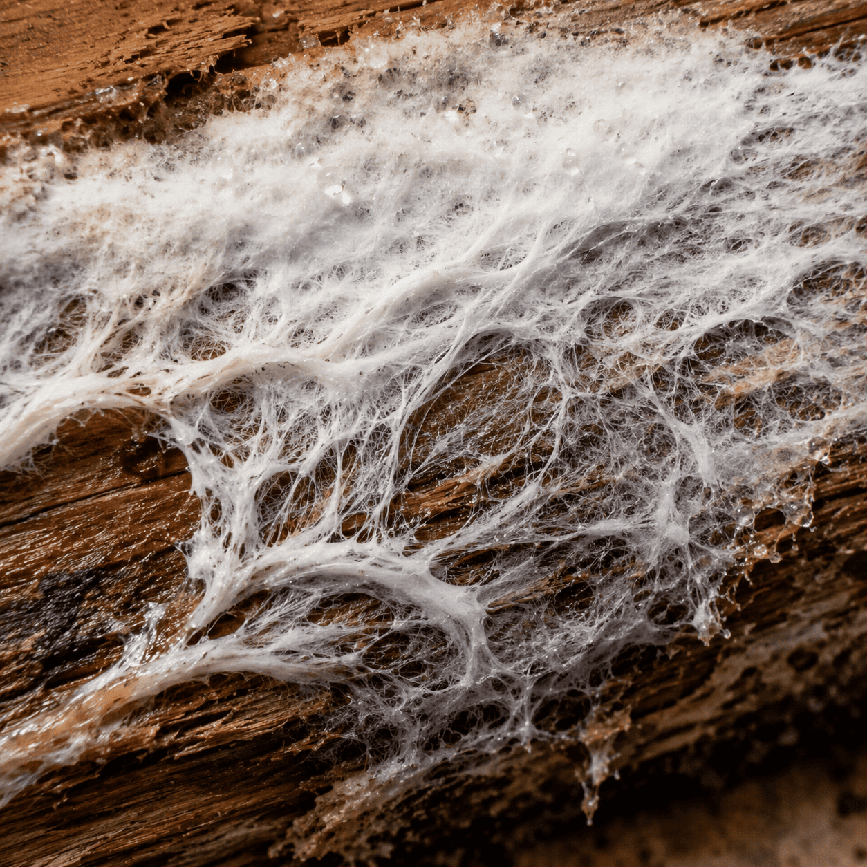 Mycélium blanc de mérule sur bois humide