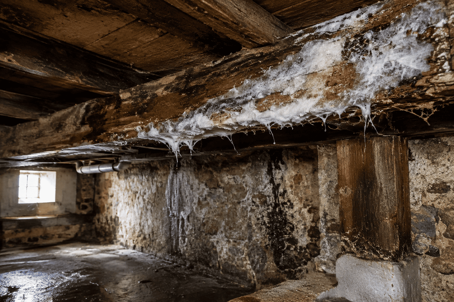 Mycélium blanc de mérule sur poutres humides en cave