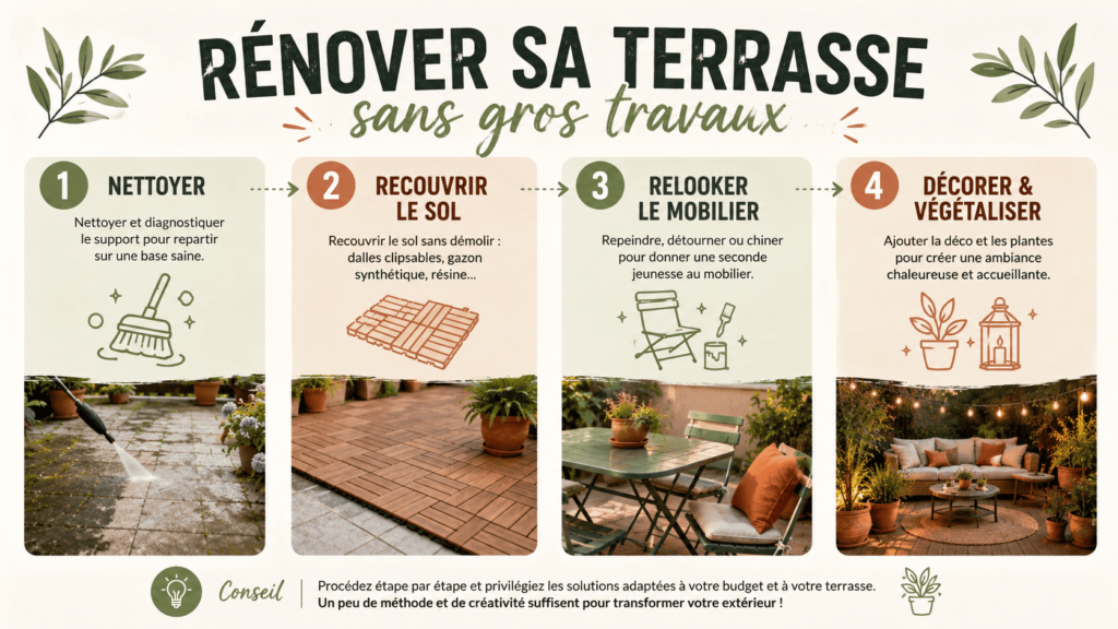 Les quatre étapes à suivre dans l'ordre : nettoyer, recouvrir le sol, relooker le mobilier, puis décorer et végétaliser.
