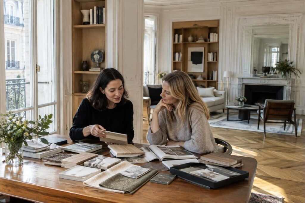 Décoratrice d'intérieur présentant des échantillons de matériaux dans un appartement haussmannien rénové