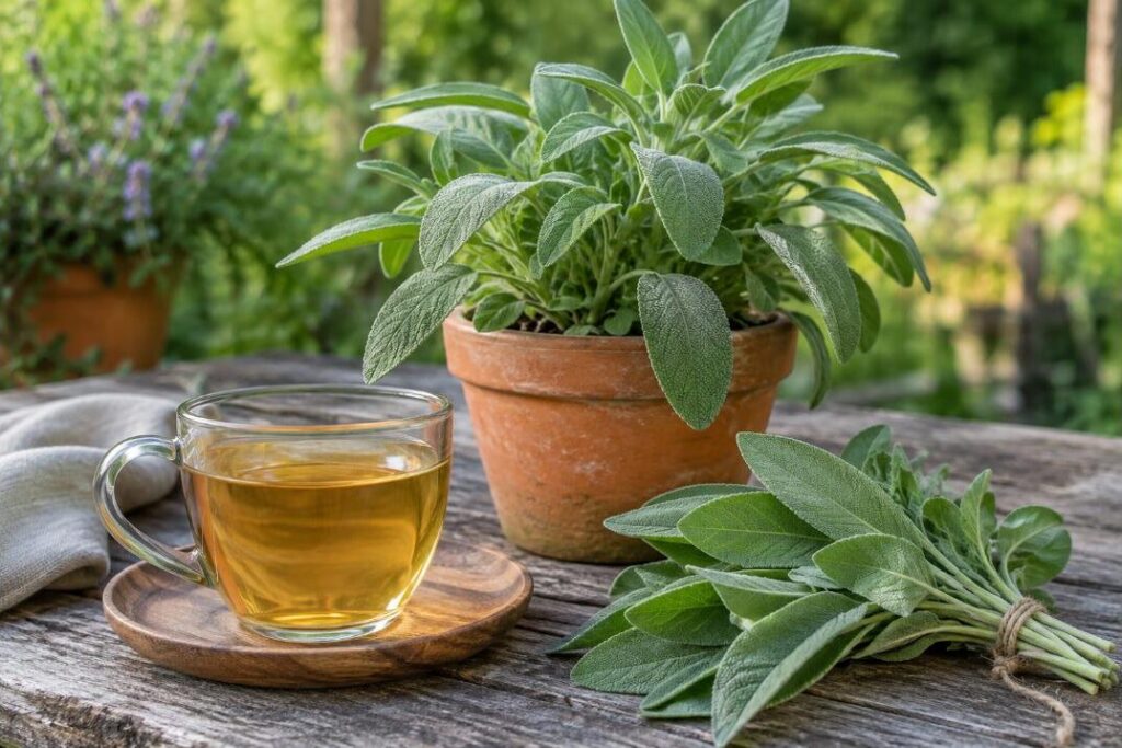 Plant de sauge en pot, bouquet de feuilles fraîches et tasse de tisane à la sauge sur une table en bois