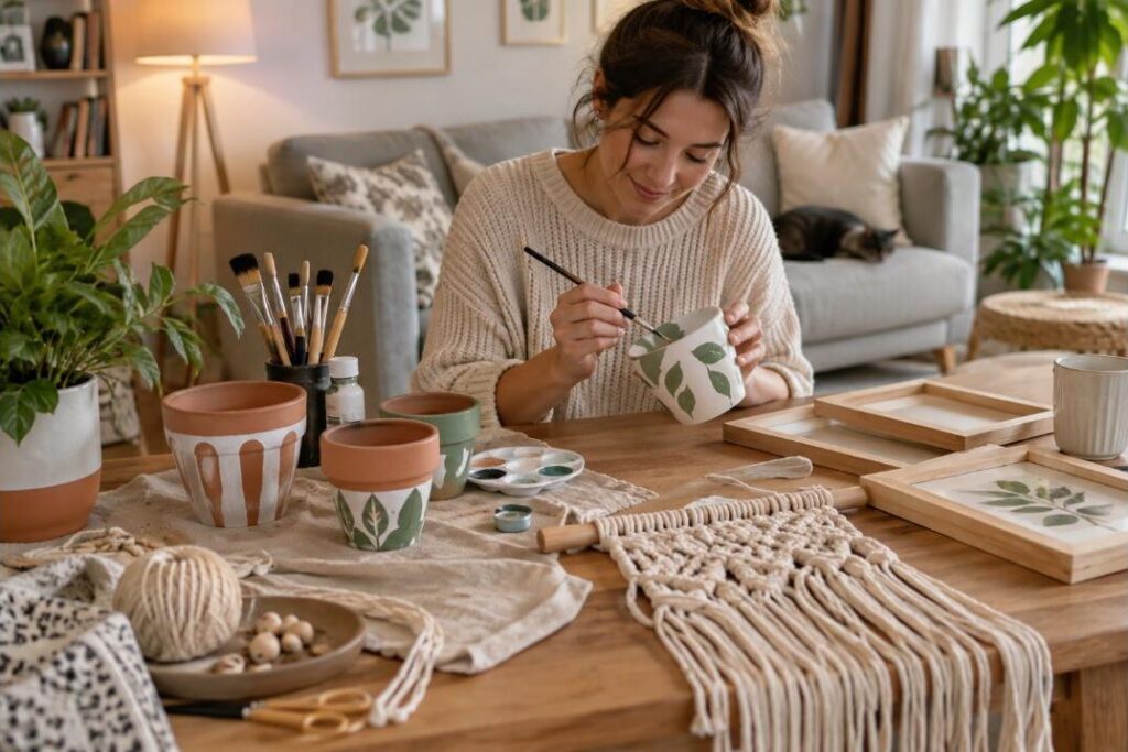 Projets DIY de décoration : pots en terre cuite peints à la main, macramé et cadres en bois personnalisés