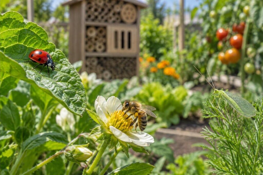 Coccinelle, abeille et chrysope au potager, avec un hôtel à insectes en arrière-plan