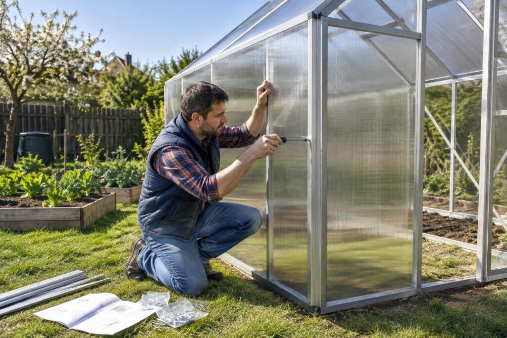 Jardinier assemblant une serre en polycarbonate et aluminium au potager