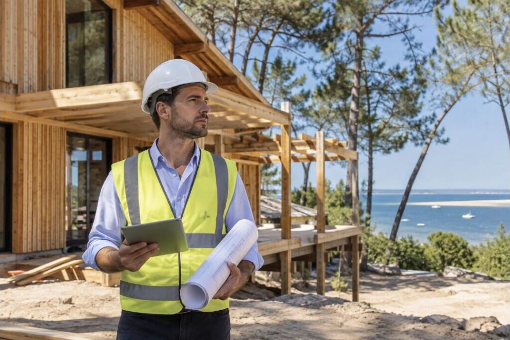 Maître d'œuvre avec plans et tablette devant une maison en bois en construction face au Bassin d'Arcachon