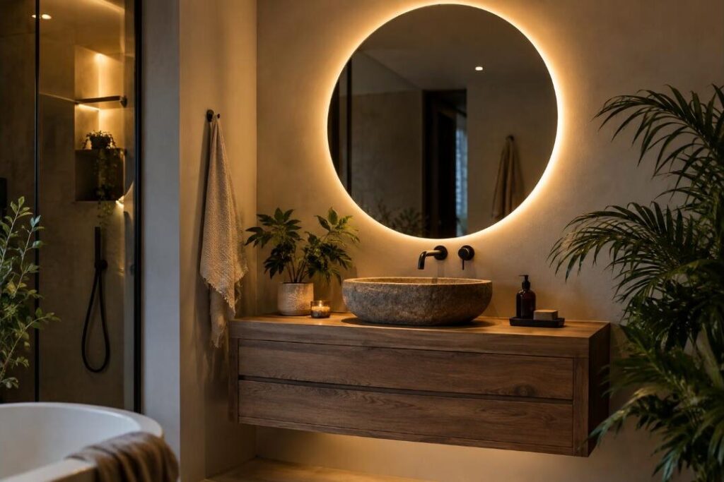 Miroir rond rétroéclairé LED au-dessus d'un meuble vasque en bois dans une salle de bain