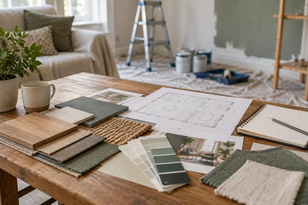 Planification de travaux de décoration : nuancier, échantillons de tissus et de bois, plan et carnet sur une table