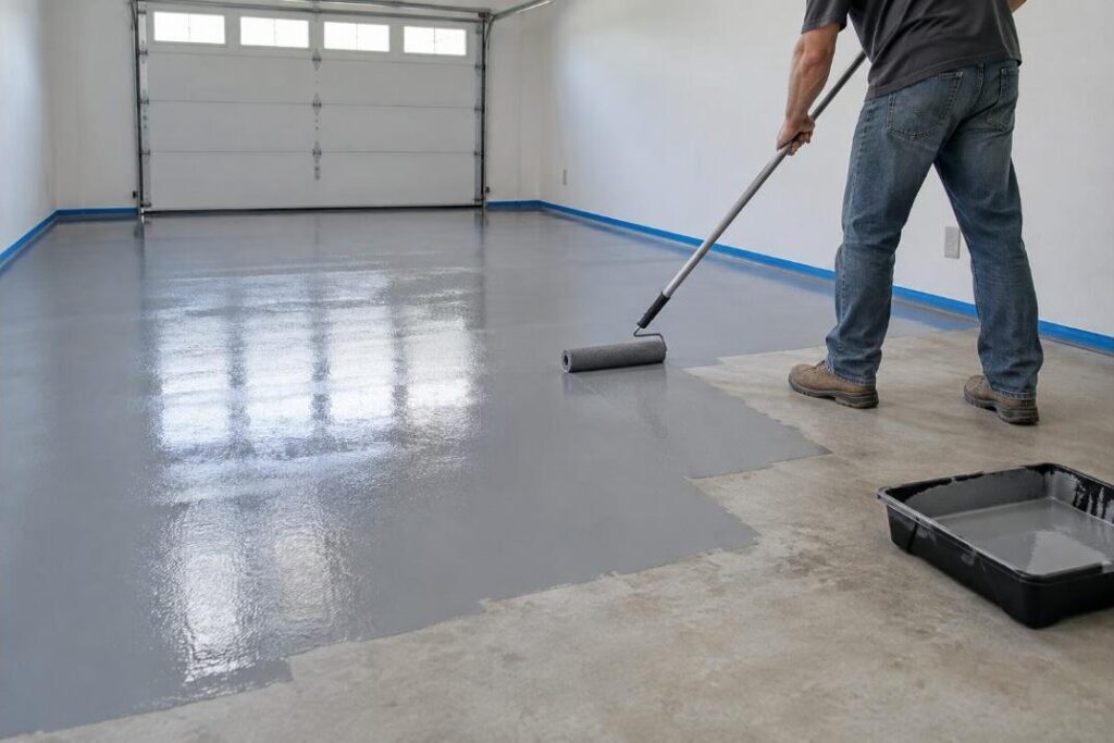 Application au rouleau d'une peinture de sol grise sur une chape béton de garage