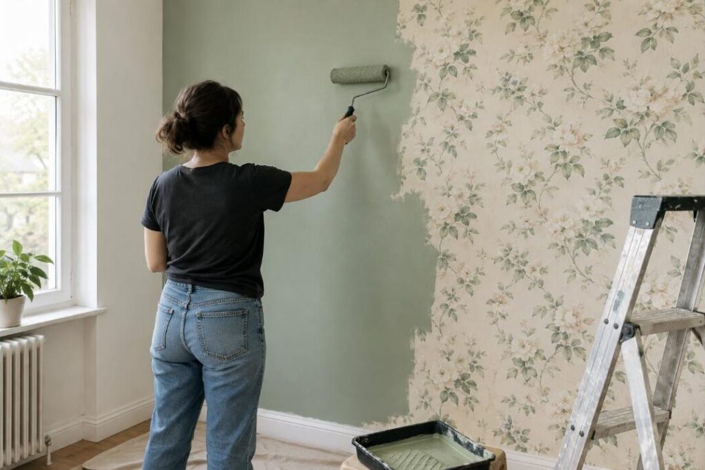 Femme peignant au rouleau en vert sauge par-dessus un ancien papier peint à fleurs