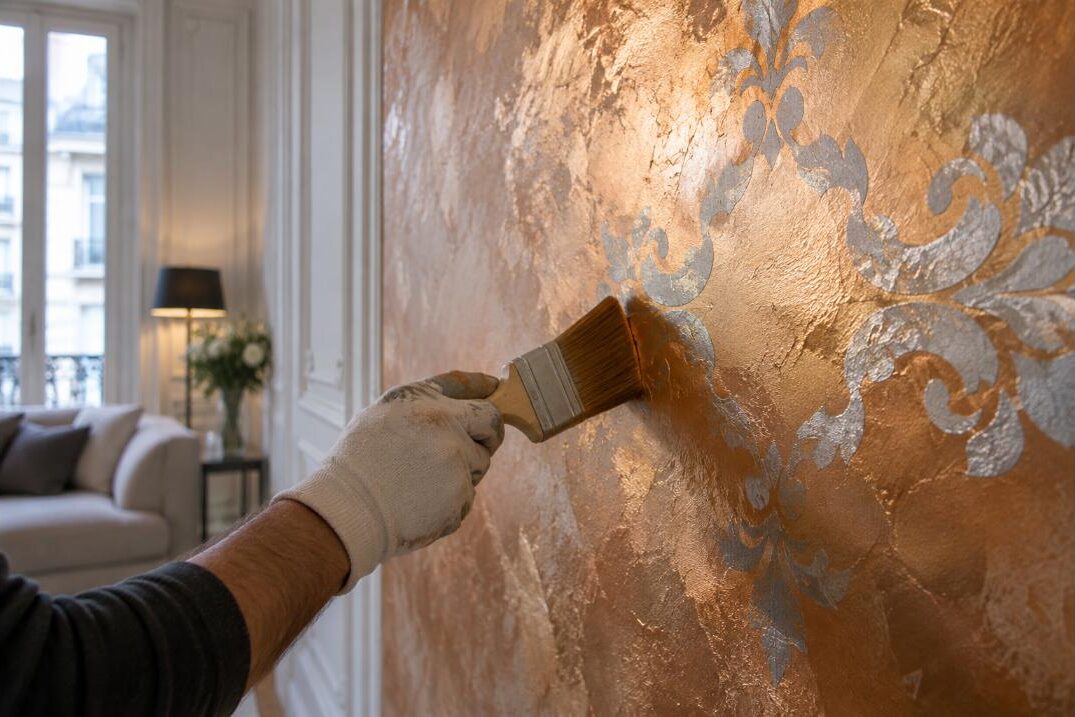 Mur d'accent en peinture décorative à effet métallisé or et cuivre, motif au pochoir argenté appliqué au pinceau
