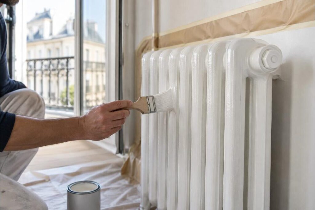 Application au pinceau d'une peinture émail blanc brillant sur un radiateur en fonte