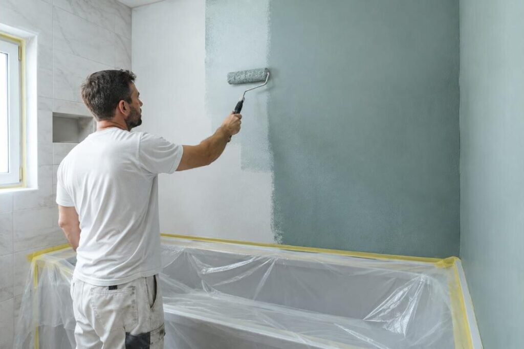 Peintre appliquant au rouleau une peinture spéciale pièce humide sur un mur de salle de bain protégée