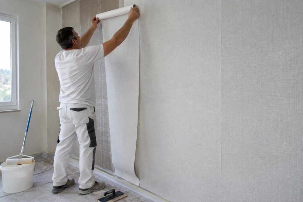 Pose d'un lé de toile de verre sur un mur intérieur avant mise en peinture