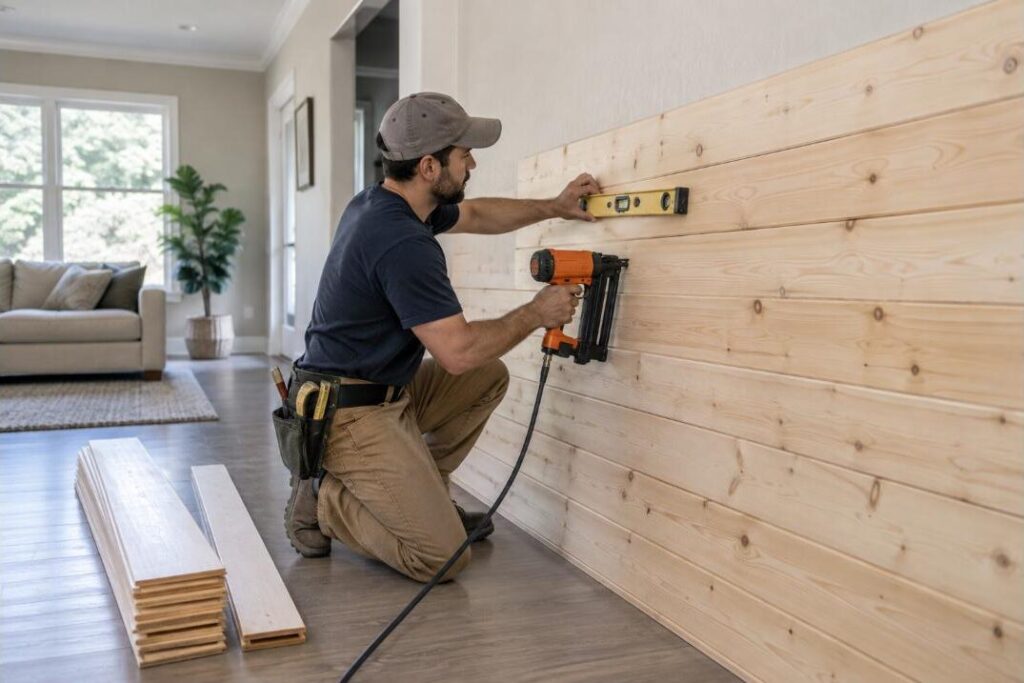 Menuisier posant du lambris en pin à l'horizontale sur un mur de salon avec niveau et cloueur