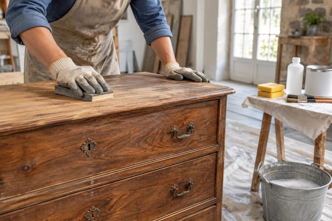 Ponçage d'une commode en bois massif avant peinture, avec seau, éponge et apprêt à portée de main