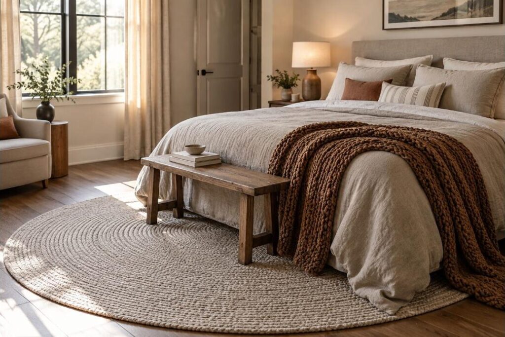 Chambre cosy avec tapis rond en laine au pied du lit et plaid en grosse maille